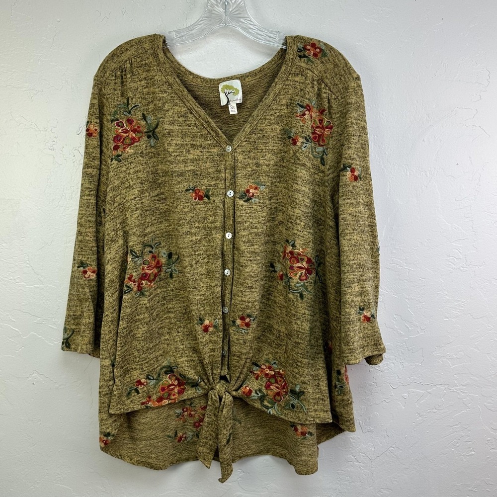 Fig And Flower Sweater Womens 3X Green Floral Embroidered Button Front Tie Hem